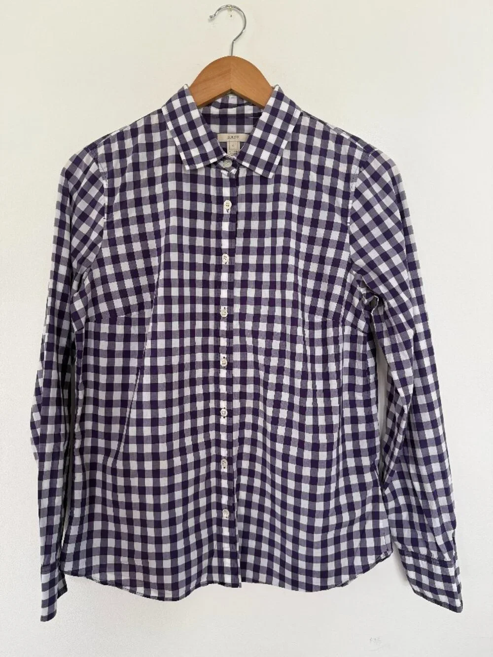 J.Crew Women’s Gingham Button Down Shirt Purple White 100% Cotton Size 8 Preppy